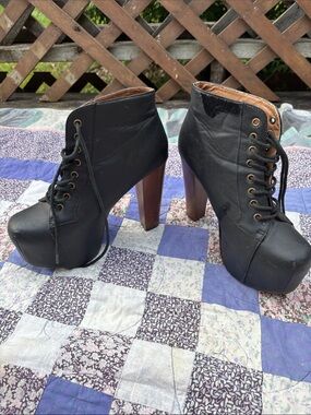 Black Lace-Up Platform Ankle Boots with Stacked Heel -8